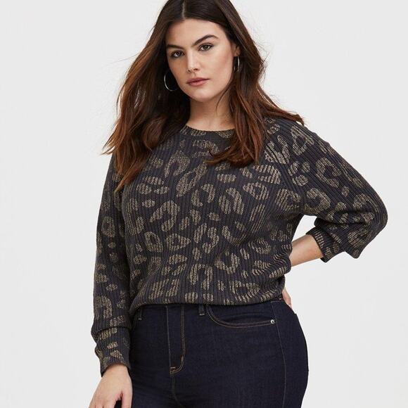 torrid Sweaters - Torrid Dark Grey Gold Foil Leopard Rib Pullover Sweater Animal Print Size 2 2X